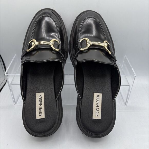 STEVE MADDEN Missk Black Patent Leather Mules Size 7.5 Chunky Loafer Y2k Retro - Picture 8 of 12